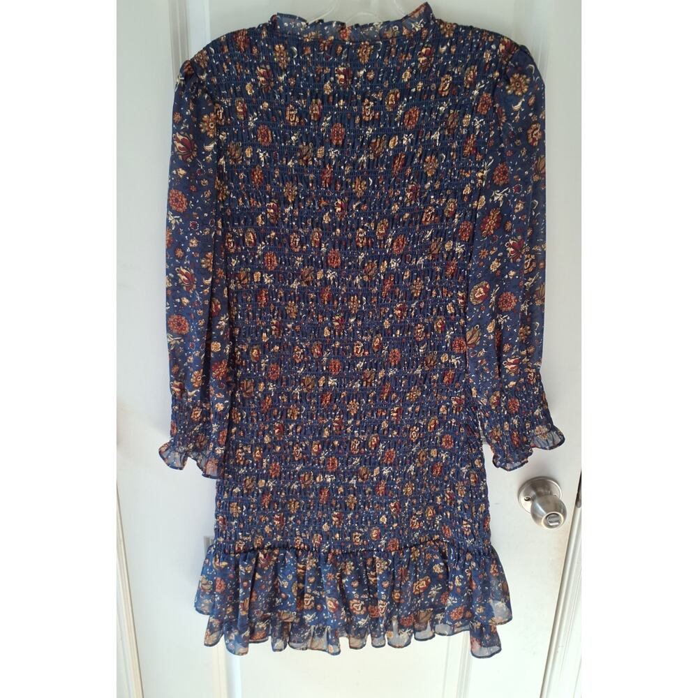 Veronica Beard Dress Size 2 Blue Floral Smocked Mini Ruffle Hem Boho/Romantic - Picture 5 of 5